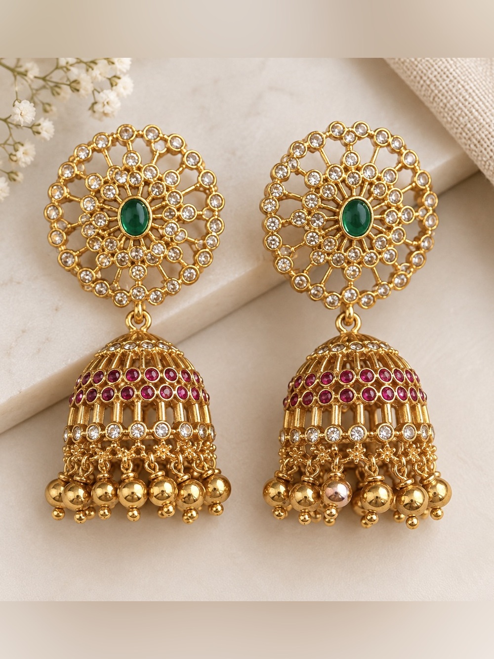 Indian Jhumka Statement Earrings Gold Tone Red Green Crystal